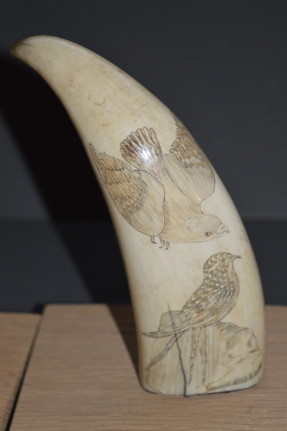 Pair 19th Century Scrimshaw Whale Teeth, c 1840 View III