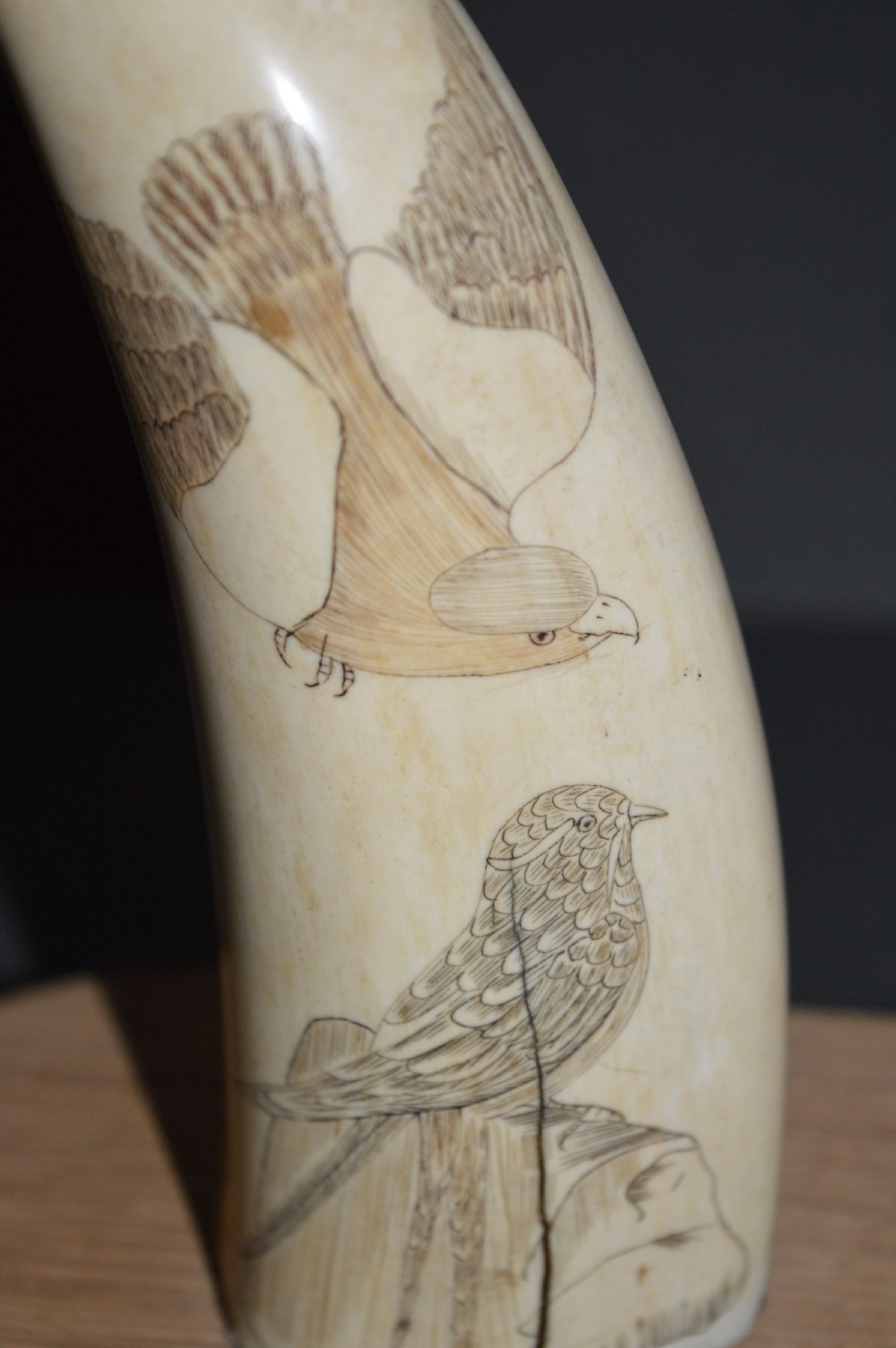 Pair 19th Century Scrimshaw Whale Teeth, c 1840 View IV