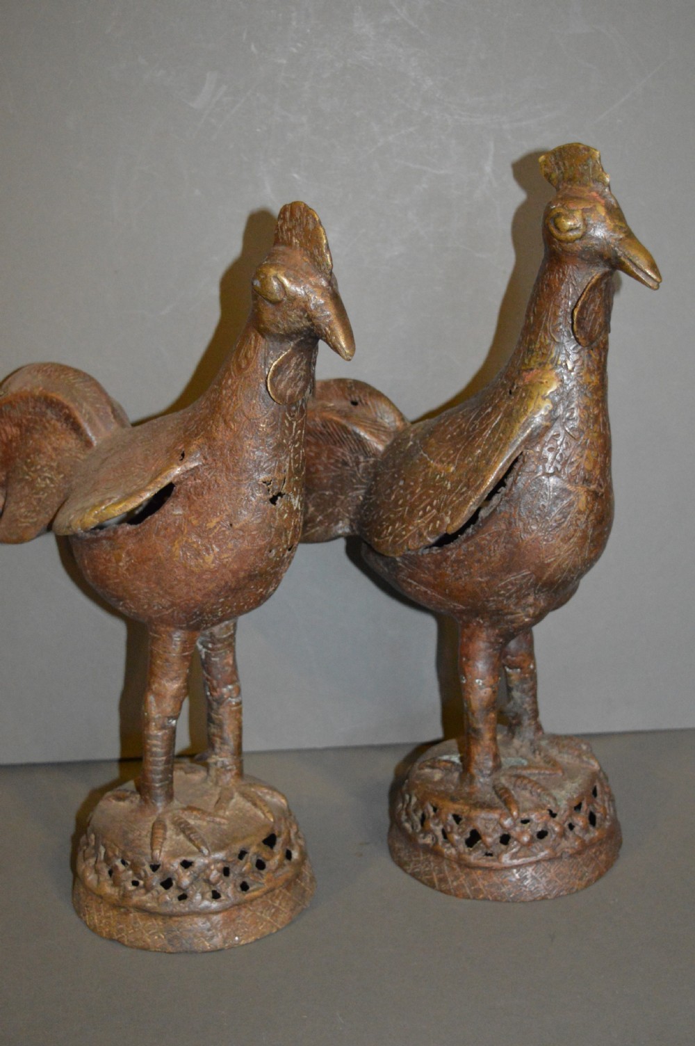 Pair Large African Benin Bronze Cockerels, c 1940
