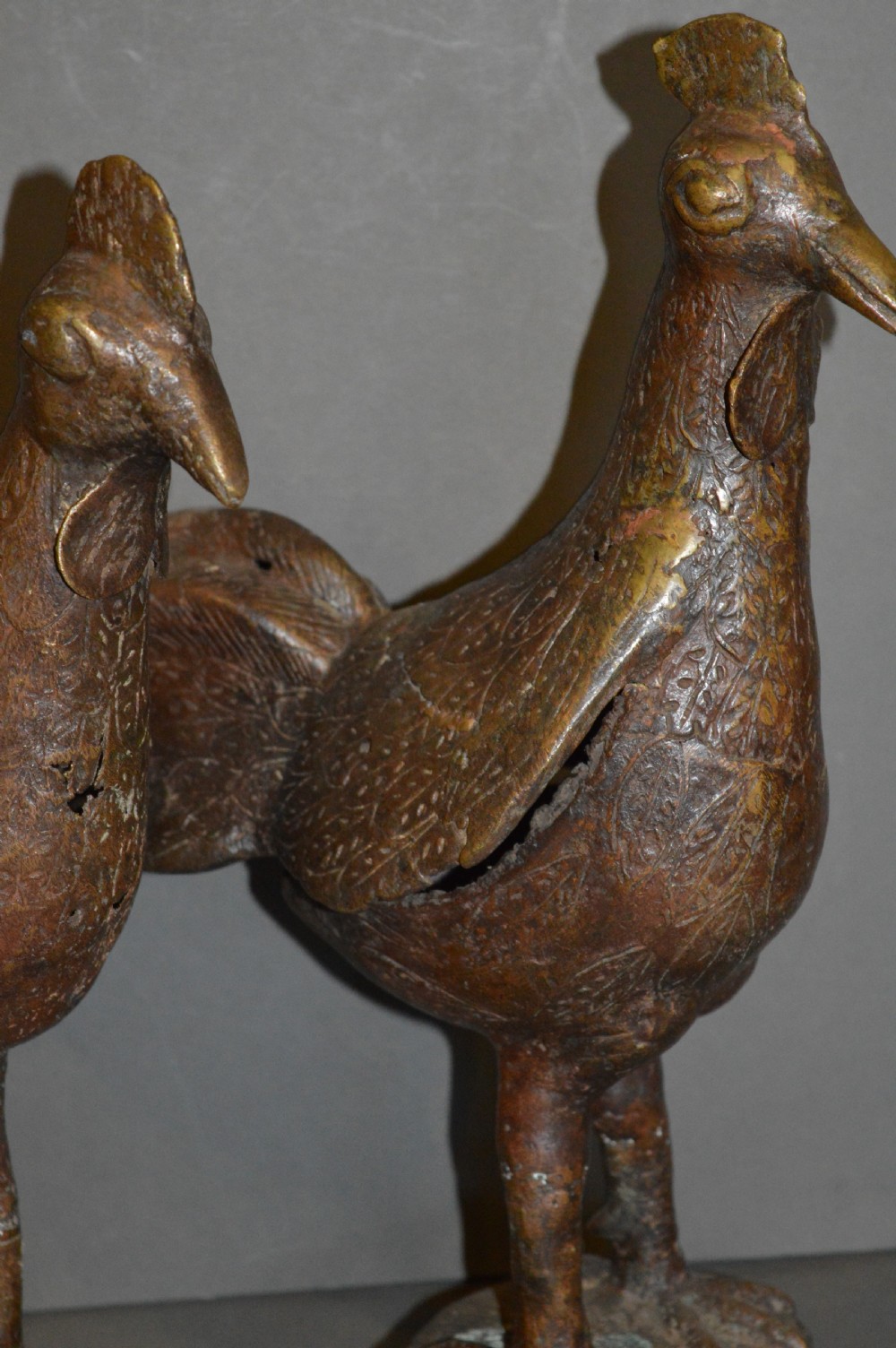 Pair Large African Benin Bronze Cockerels, c 1940 View II
