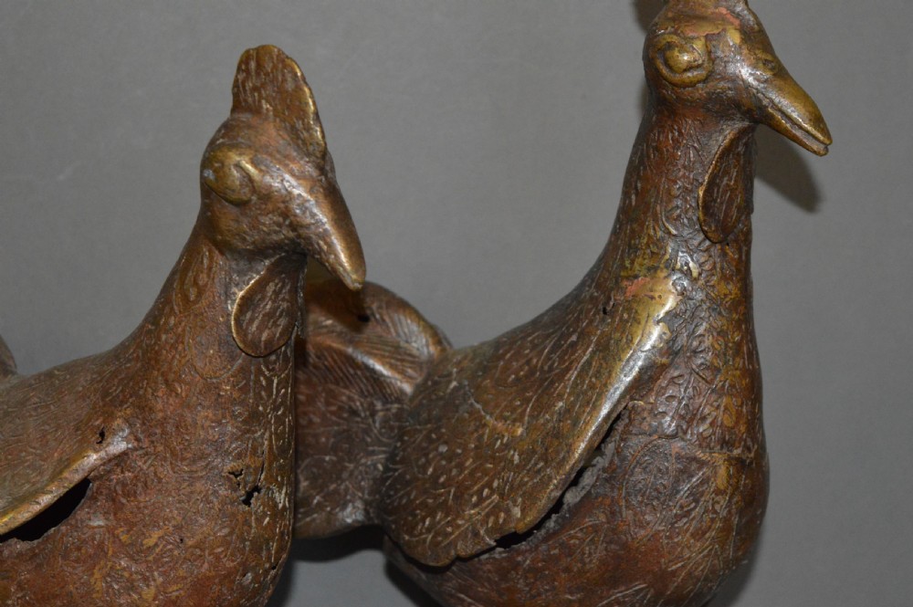Pair Large African Benin Bronze Cockerels, c 1940 View III