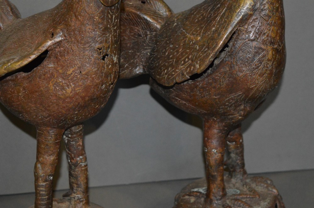 Pair Large African Benin Bronze Cockerels, c 1940 View IV