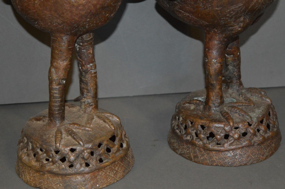 Pair Large African Benin Bronze Cockerels, c 1940 View V