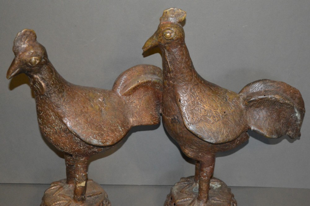 Pair Large African Benin Bronze Cockerels, c 1940 View X