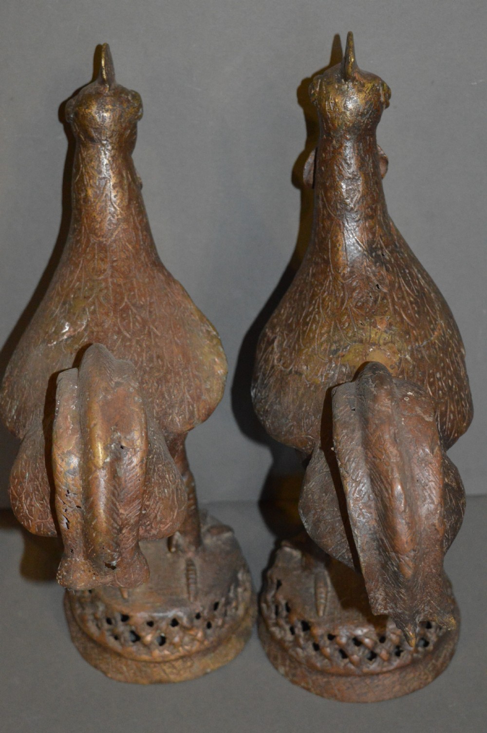 Pair Large African Benin Bronze Cockerels, c 1940 View XI