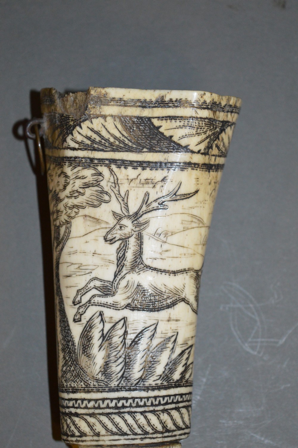 18th Century Bone Hunting Powder Flask , c 1780. Scrimshaw Decoration. View II