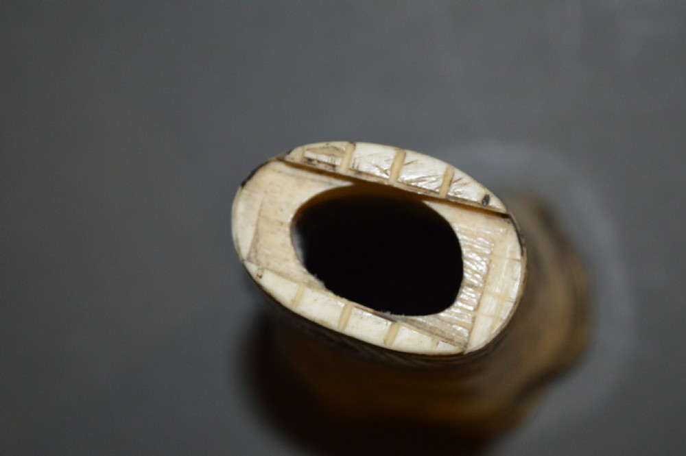 18th Century Bone Hunting Powder Flask , c 1780. Scrimshaw Decoration. View IV