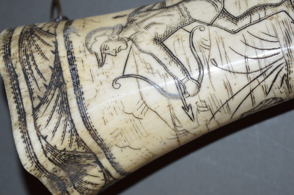 18th Century Bone Hunting Powder Flask , c 1780. Scrimshaw Decoration. View V