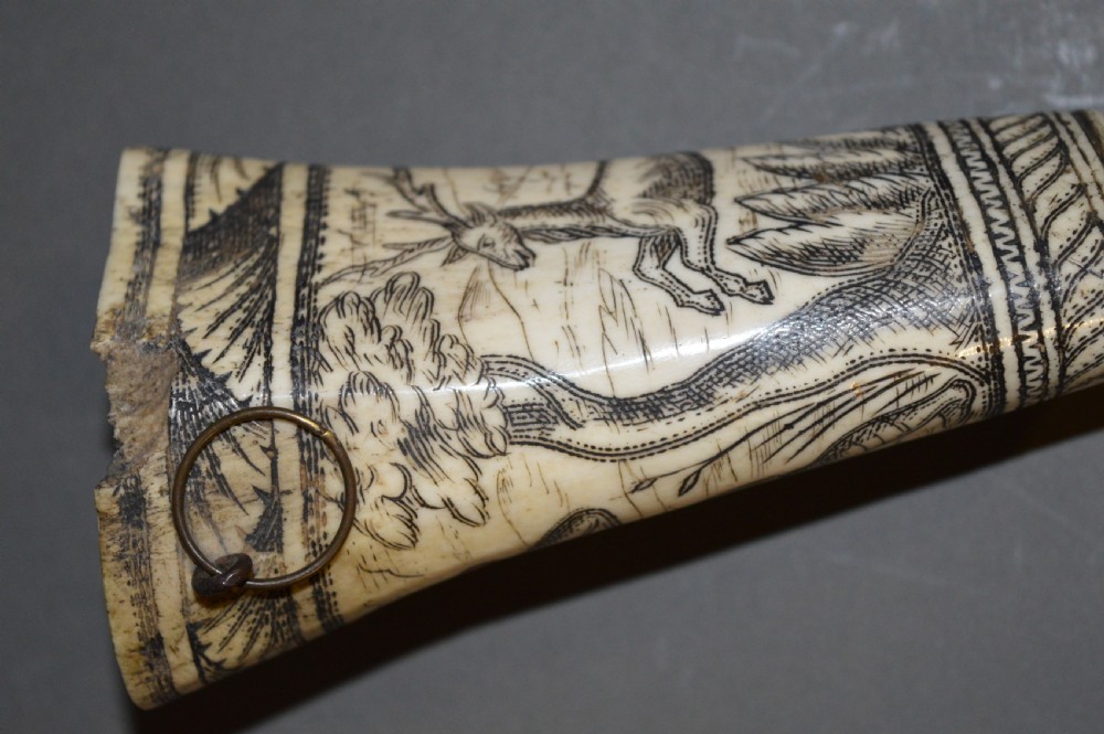 18th Century Bone Hunting Powder Flask , c 1780. Scrimshaw Decoration. View VI