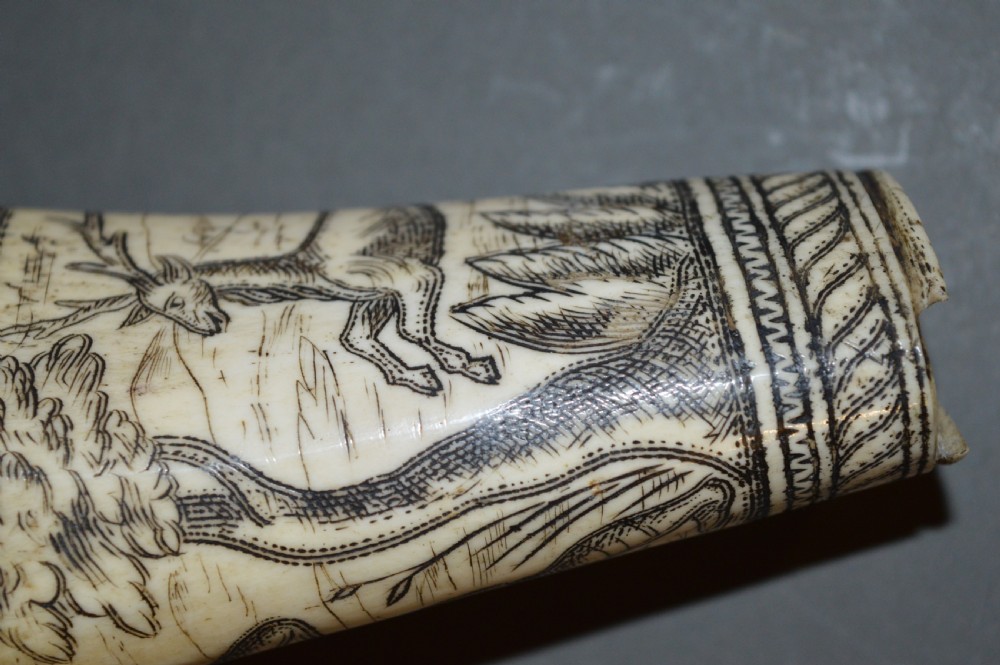 18th Century Bone Hunting Powder Flask , c 1780. Scrimshaw Decoration. View VII