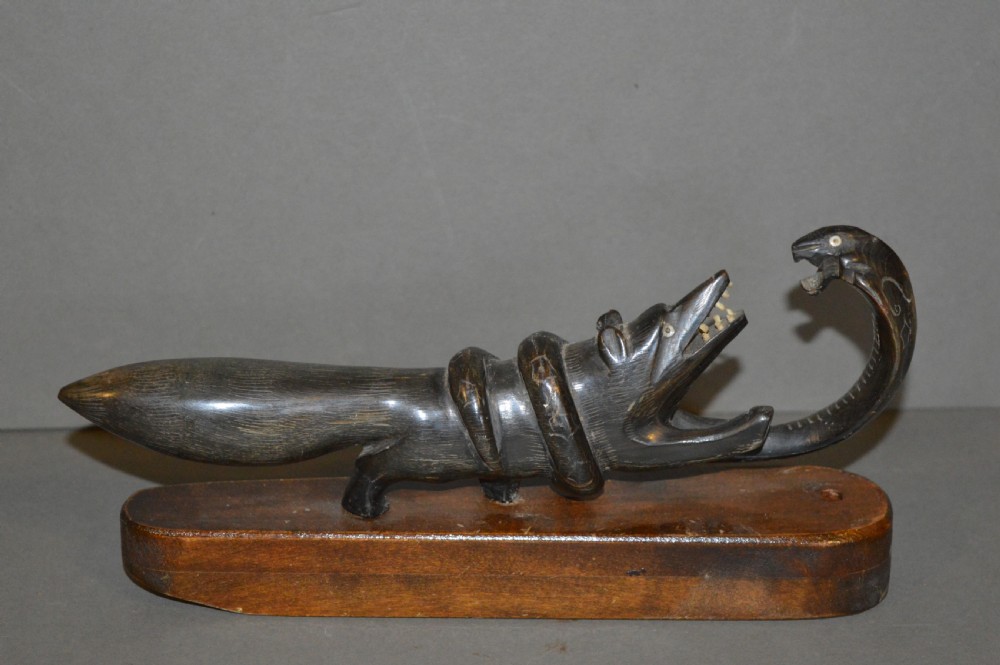 Indian Horn Statue Mongoose Fighting Cobra ,c1890