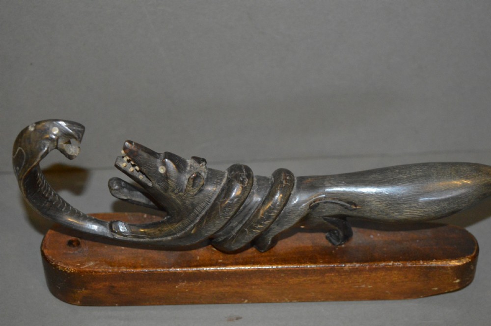Indian Horn Statue Mongoose Fighting Cobra ,c1890 View VI