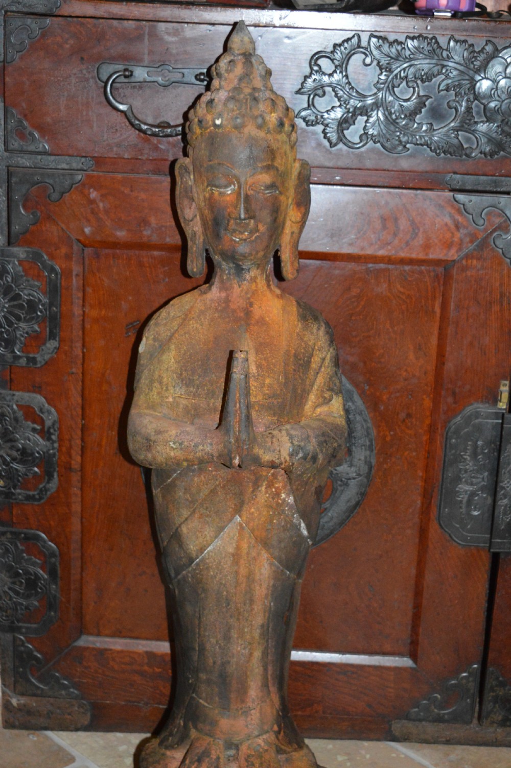 Large (90cm) Tibetan Carved Wood Buddha Statue, c1890