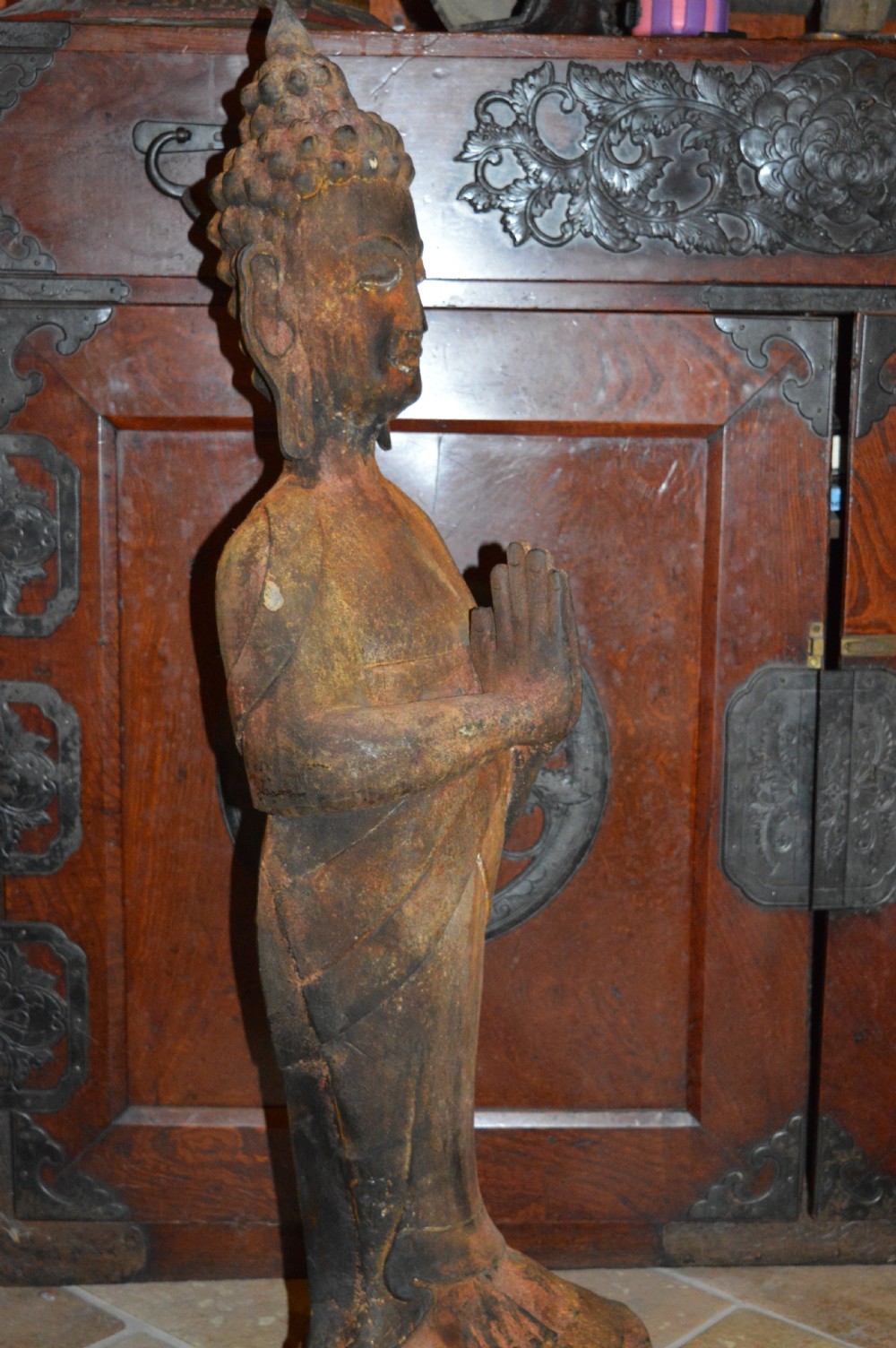 Large (90cm) Tibetan Carved Wood Buddha Statue, c1890 View V