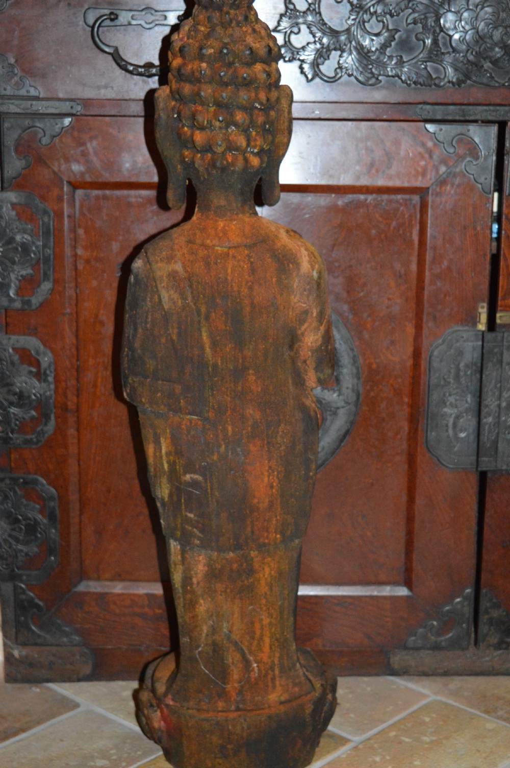 Large (90cm) Tibetan Carved Wood Buddha Statue, c1890 View X