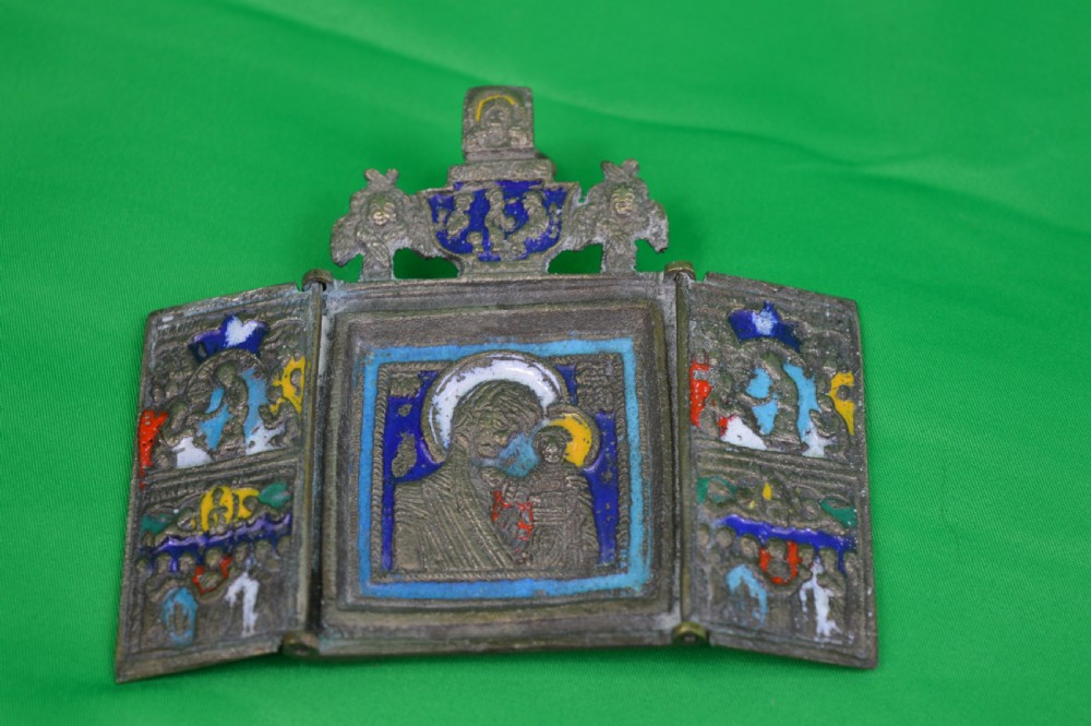 Russian Bronze / Enamel Triptych Icon, c1880