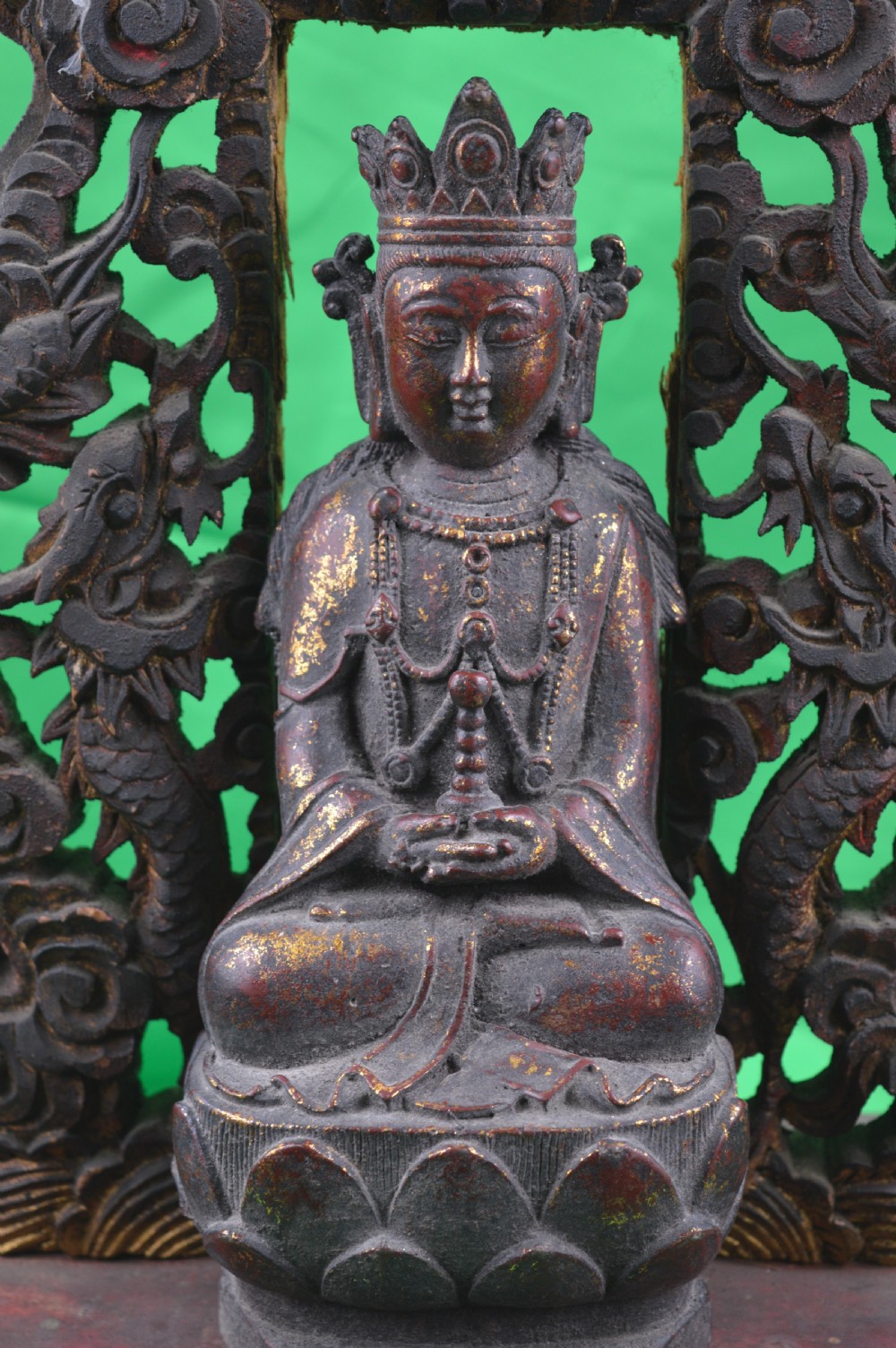 Chinese Bronze Buddha On Carved Altar,c1850 View II
