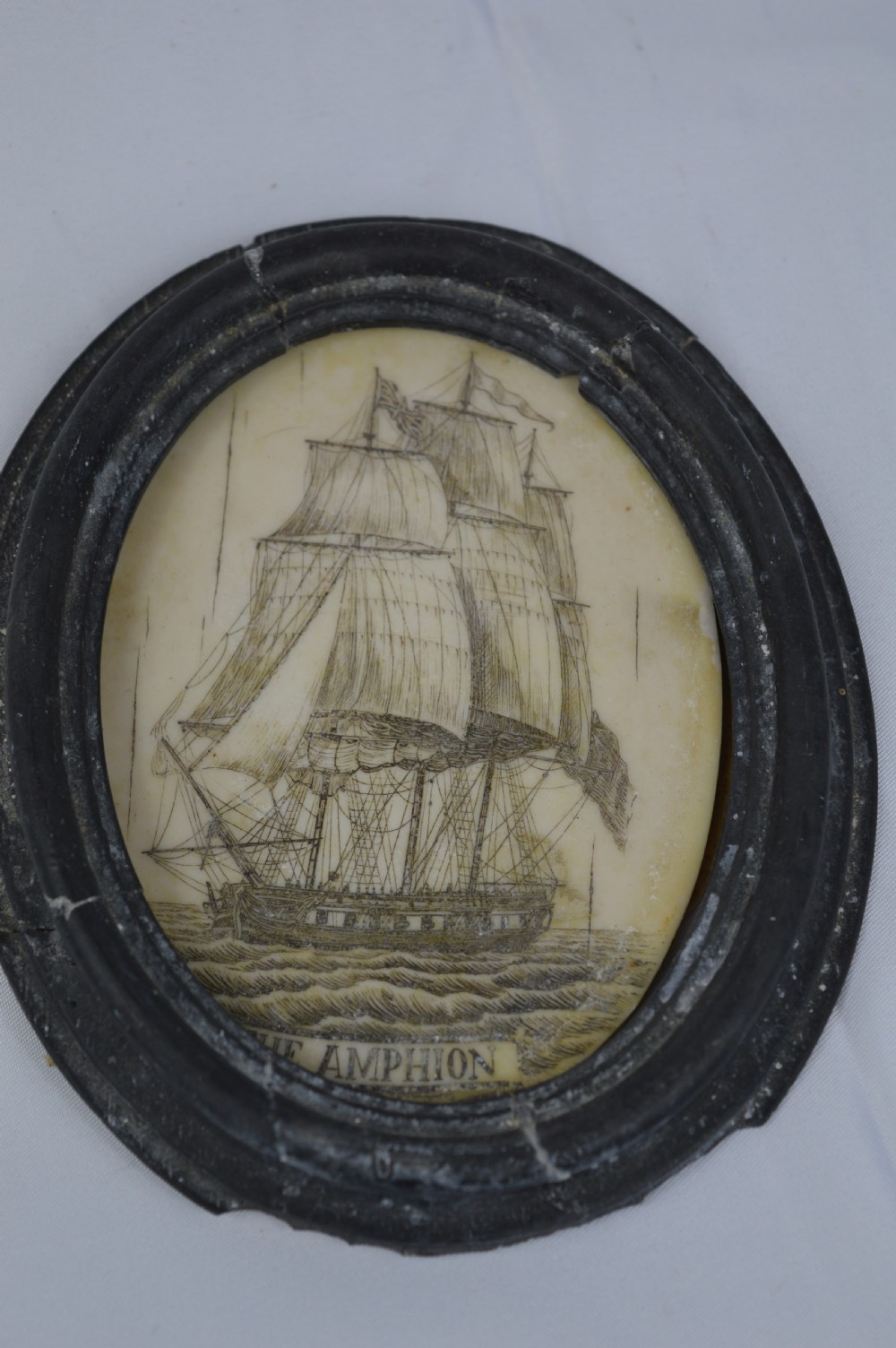 Framed Whale Bone Scrimshaw Picture, c1800