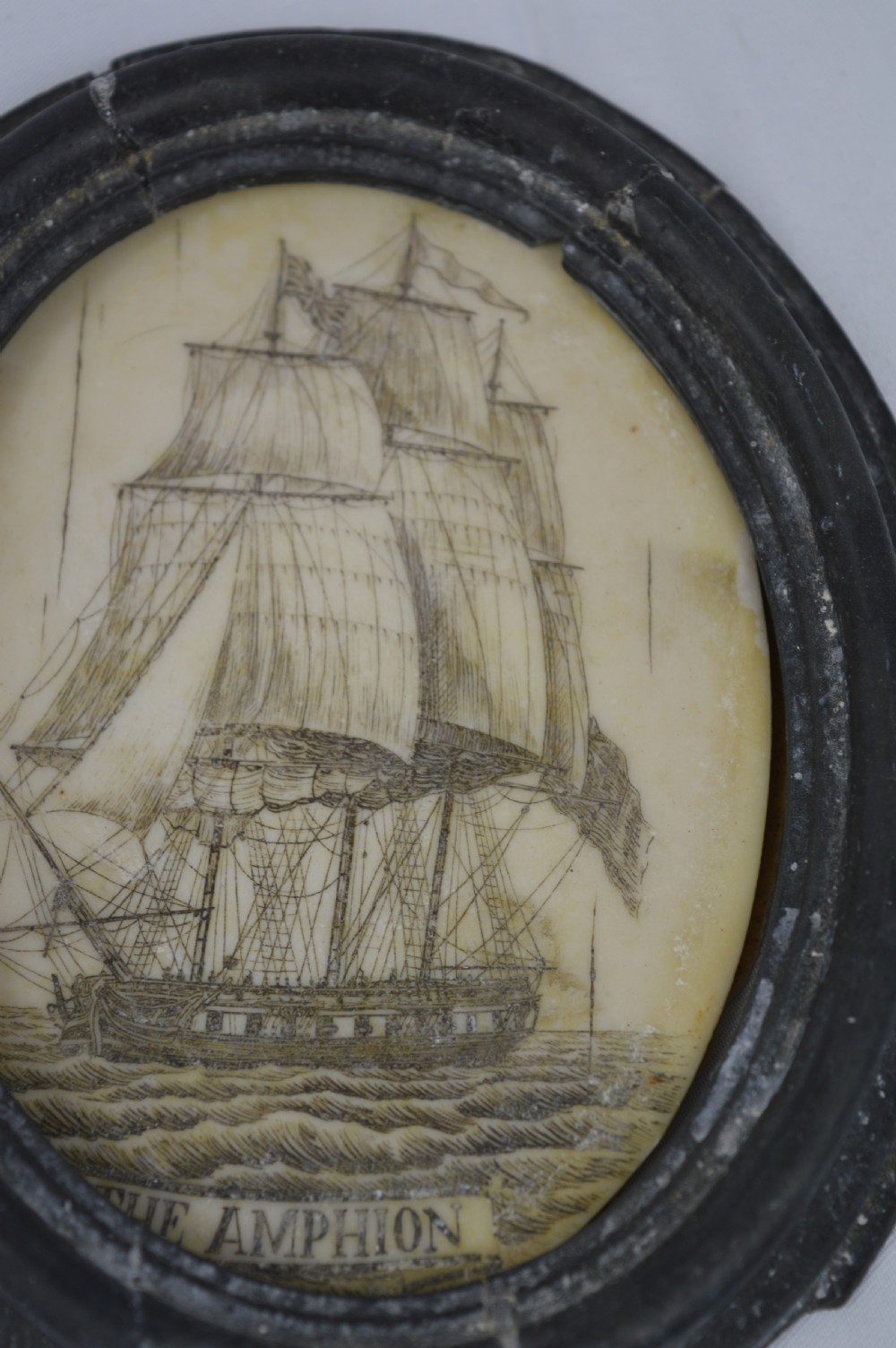 Framed Whale Bone Scrimshaw Picture, c1800 View II