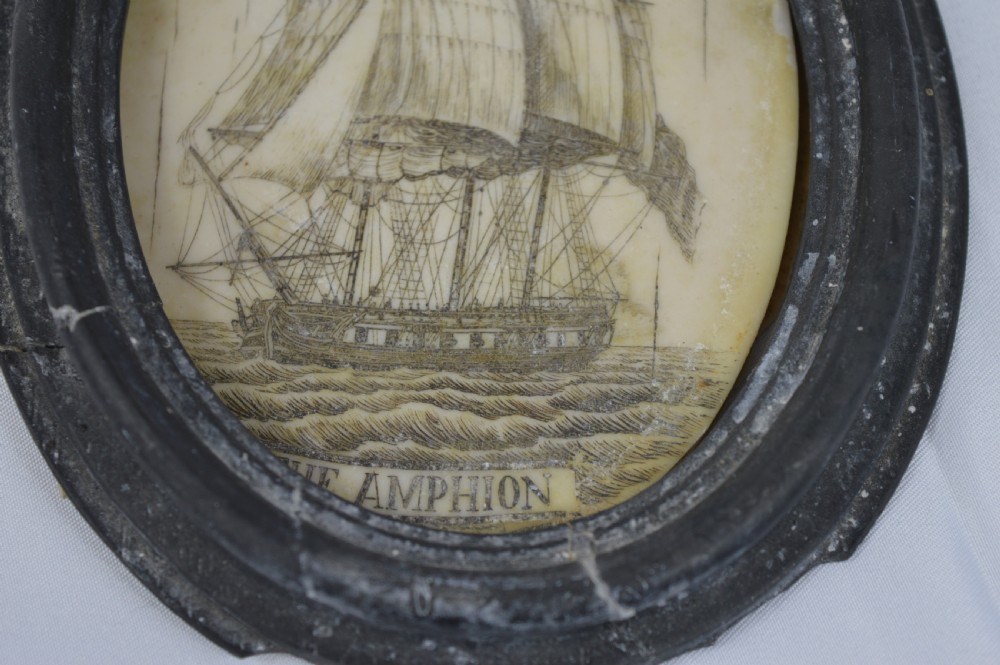 Framed Whale Bone Scrimshaw Picture, c1800 View III