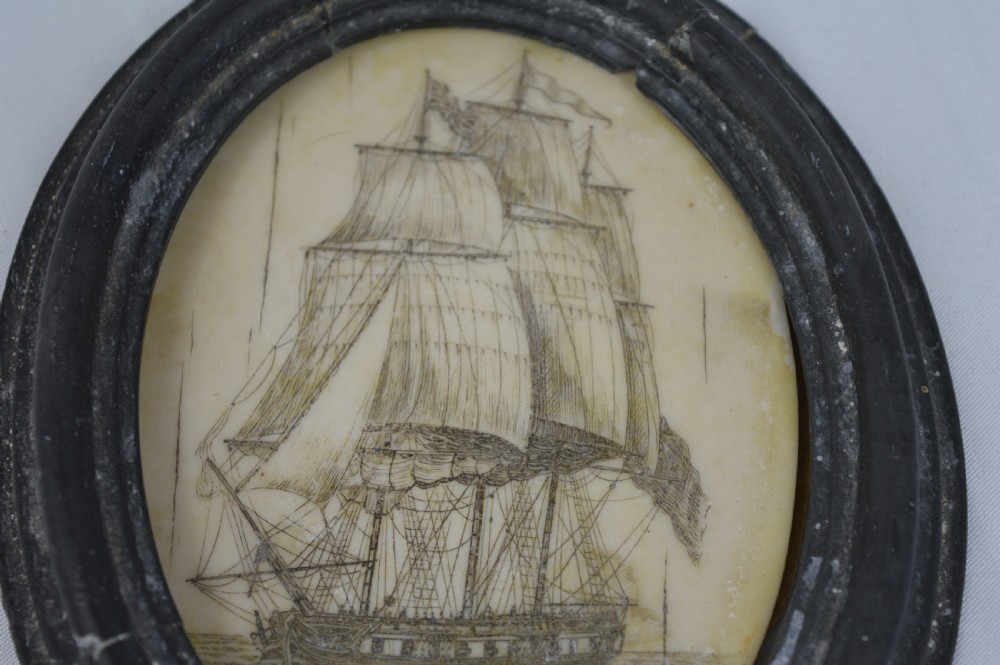 Framed Whale Bone Scrimshaw Picture, c1800 View IV