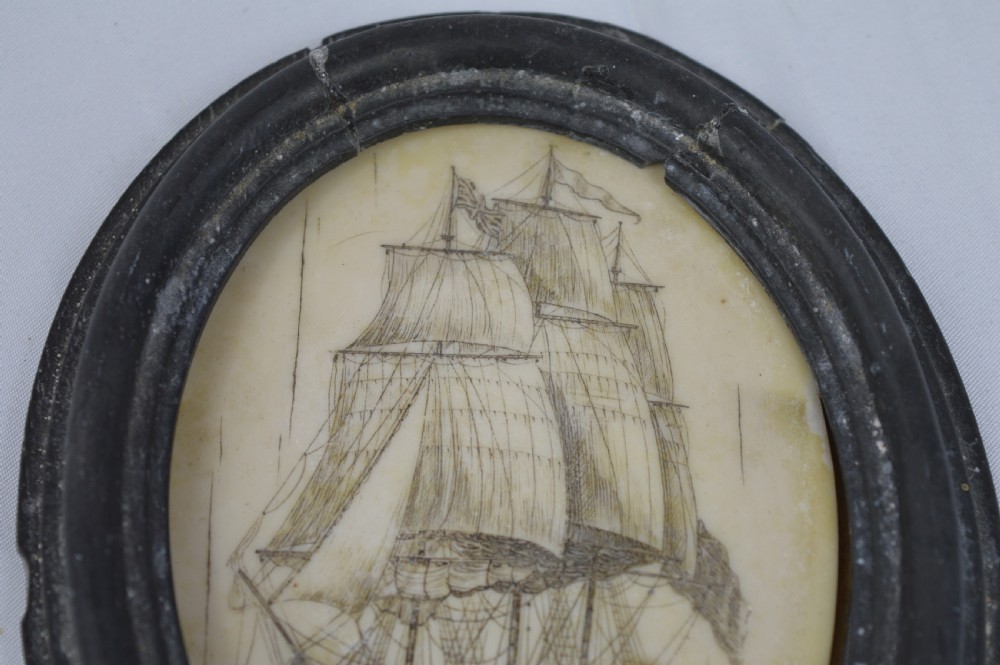 Framed Whale Bone Scrimshaw Picture, c1800 View V