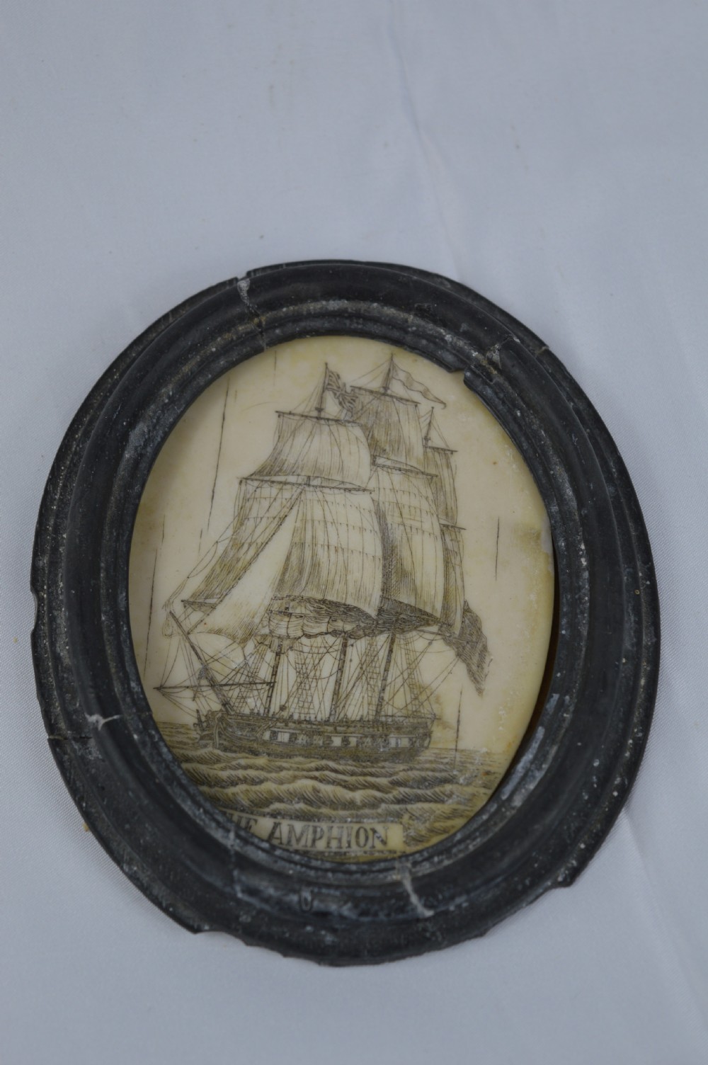 Framed Whale Bone Scrimshaw Picture, c1800 View VI