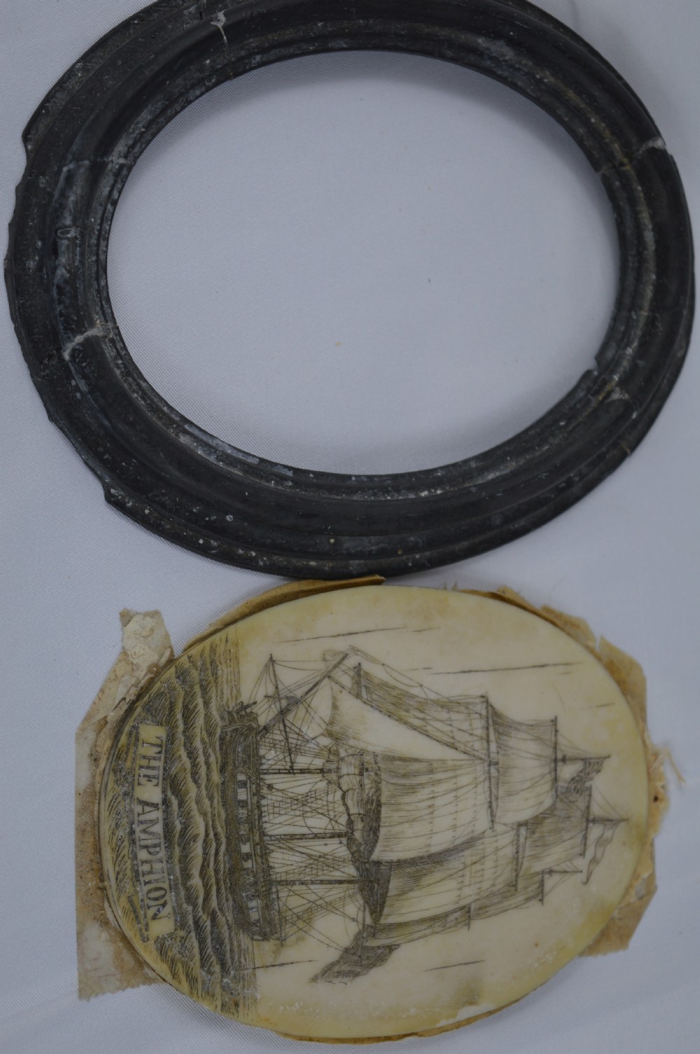 Framed Whale Bone Scrimshaw Picture, c1800 View VII