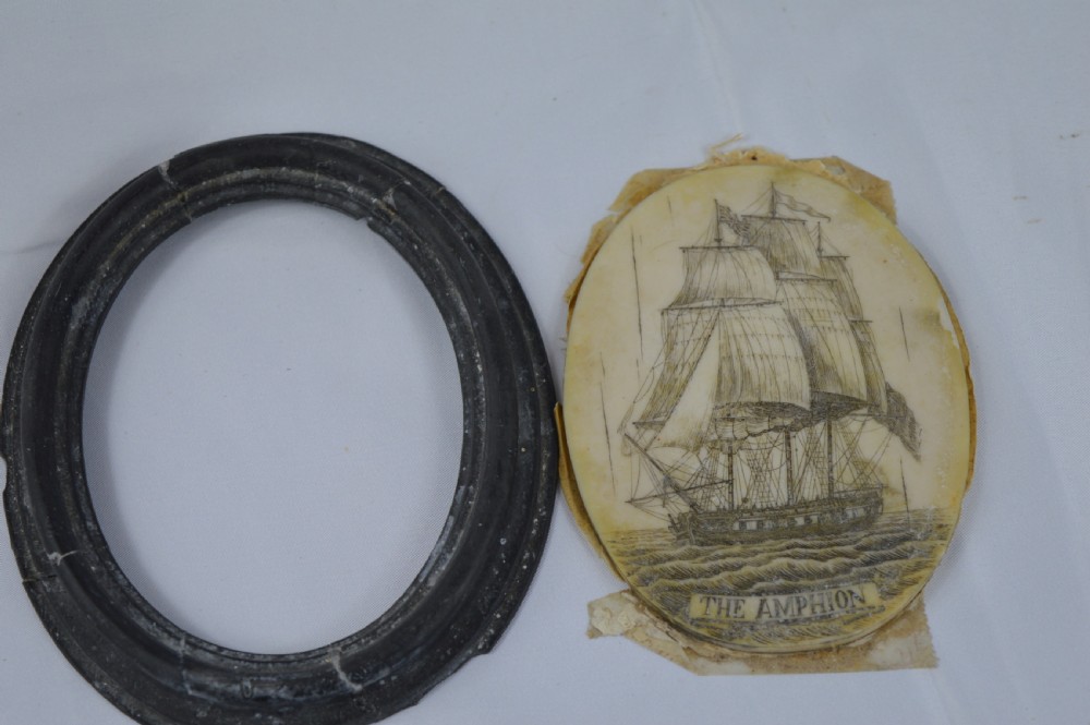 Framed Whale Bone Scrimshaw Picture, c1800 View IX