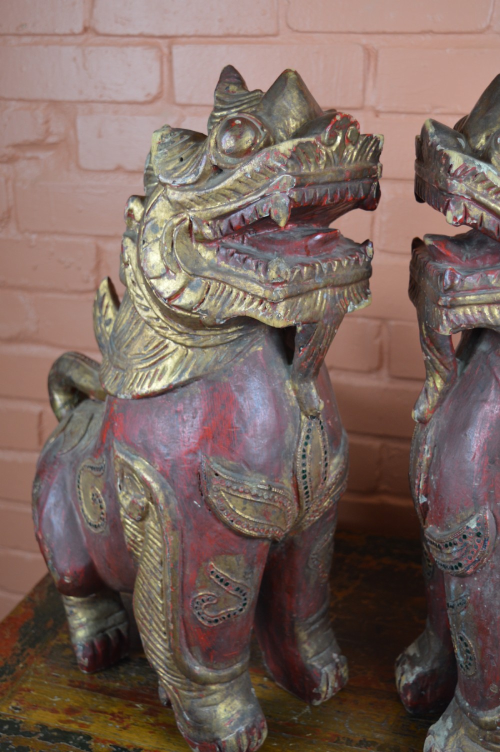 Pair Large Carved Chinese Temple Lions, c1890 View III