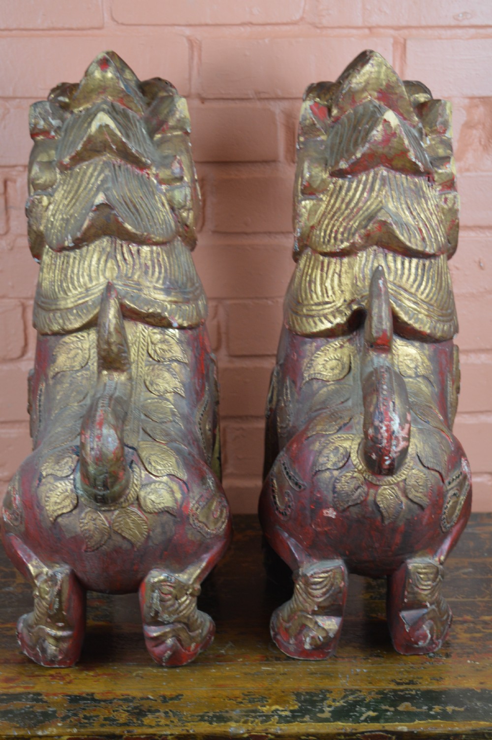 Pair Large Carved Chinese Temple Lions, c1890 View V