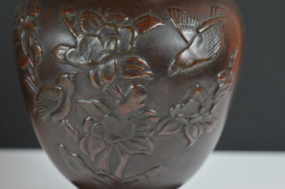 A cast dark bronze baluster vase featuring dragon-form side handles, a flared rim, and relief carvings of birds perched on flowering branches. View VIII