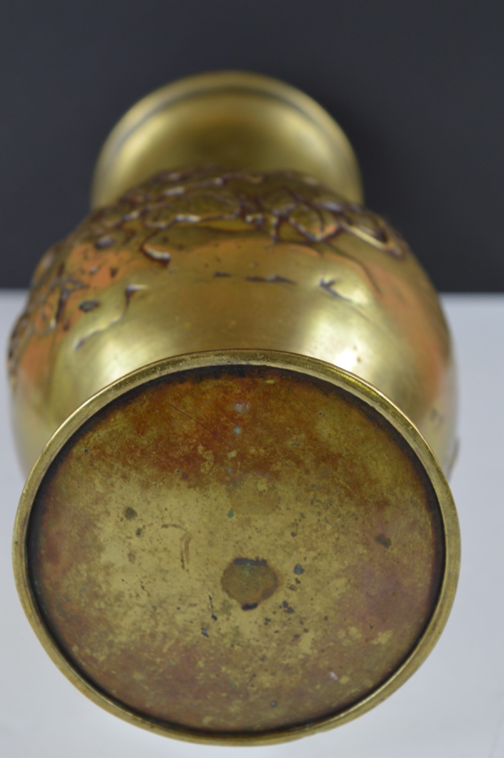 A cast bronze baluster vase featuring relief depictions of birds and flowers with bird-shaped side handles. View VIII