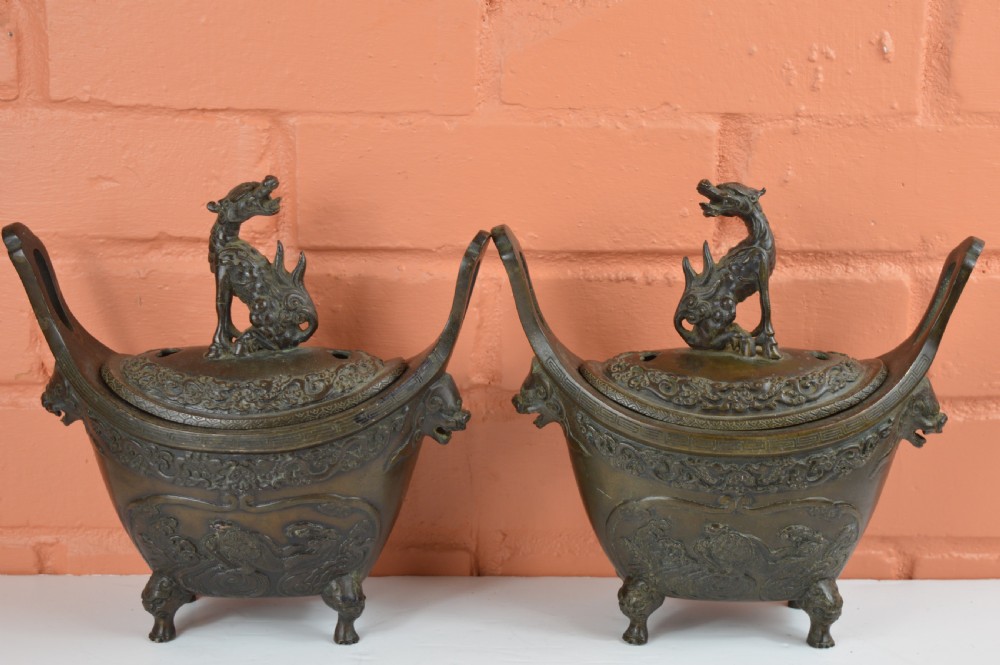 Pair Large (6kg) Chinese Bronze Censers, c1880