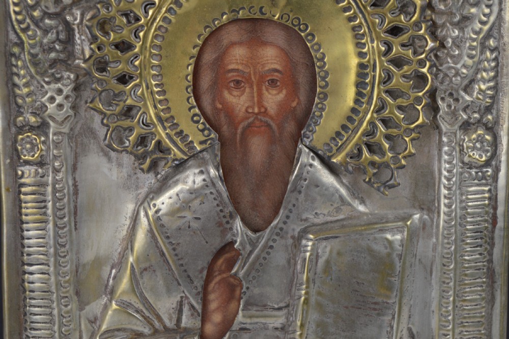 Large Russian Painted Icon In Metal Oklad,c1890  View V