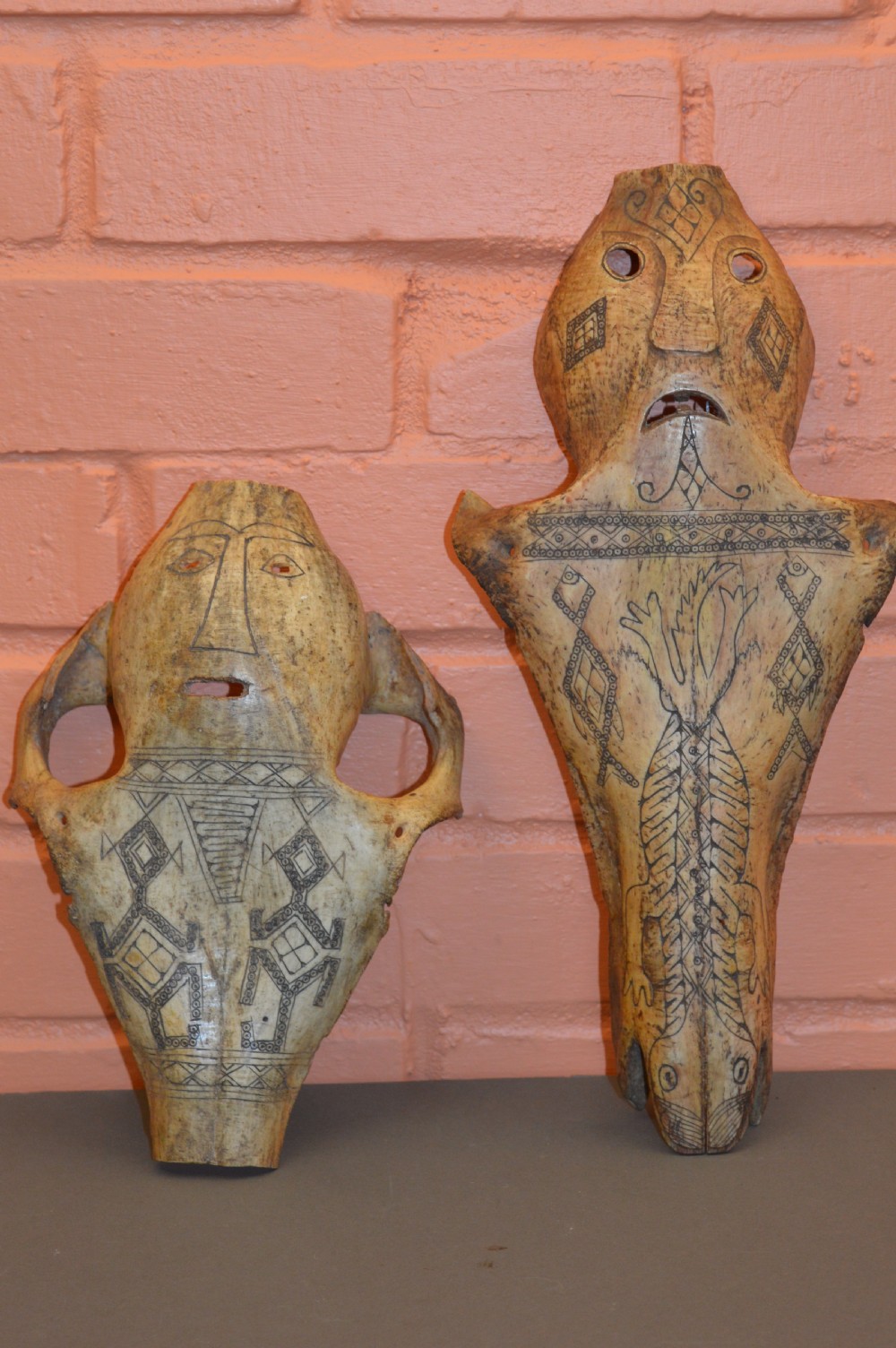 2 Large Tribal Scrimshaw  Bone Carvings, c1890