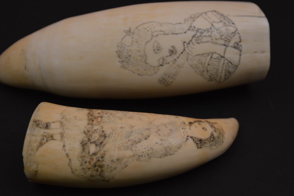 Pair Scrimshaw Whale Teeth, Bonham's Provenance, c1880