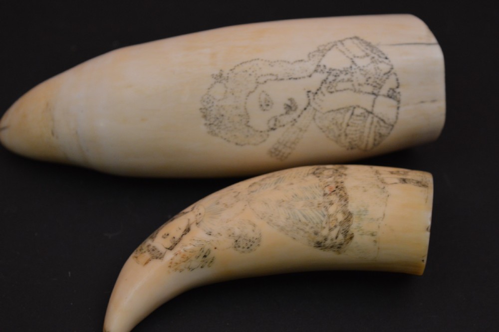 Pair Scrimshaw Whale Teeth, Bonham's Provenance, c1880 View II