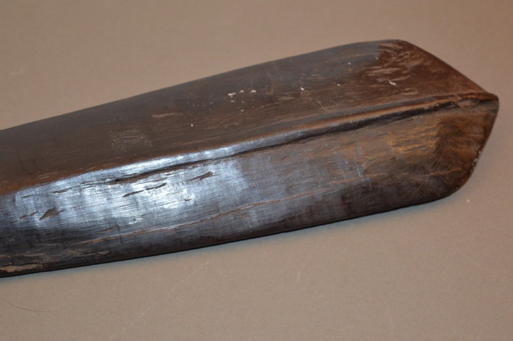 A late 19th-century Polynesian hardwood paddle club featuring a carved central ridge running along the length of its elongated blade section. View II