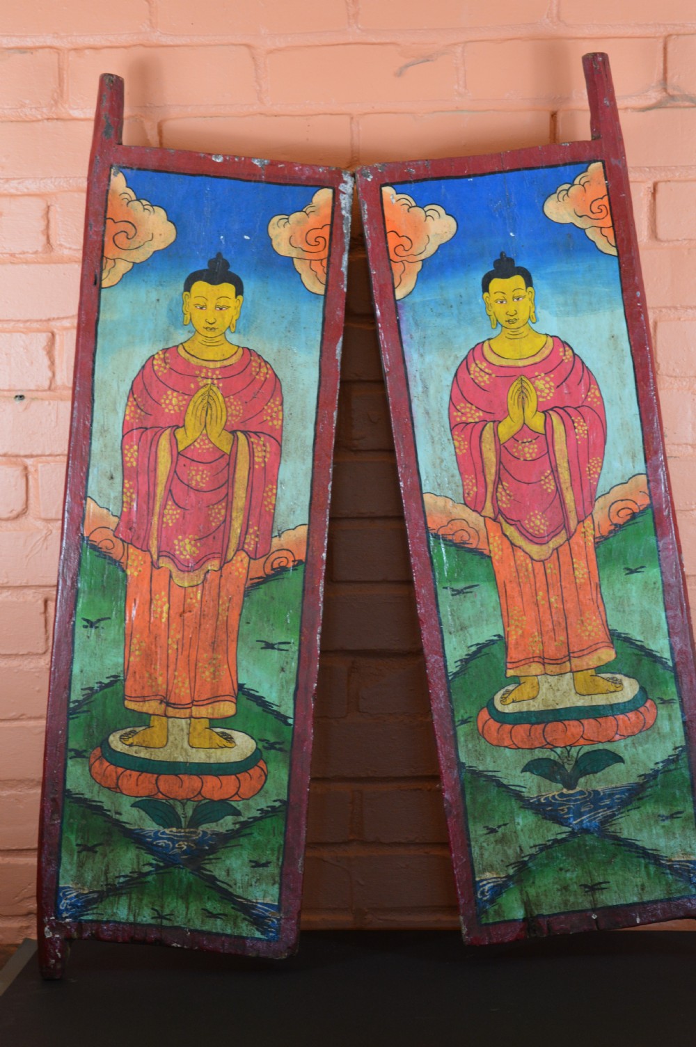 Pair Nepalese Hand Painted Buddha Window Shutters,c1890