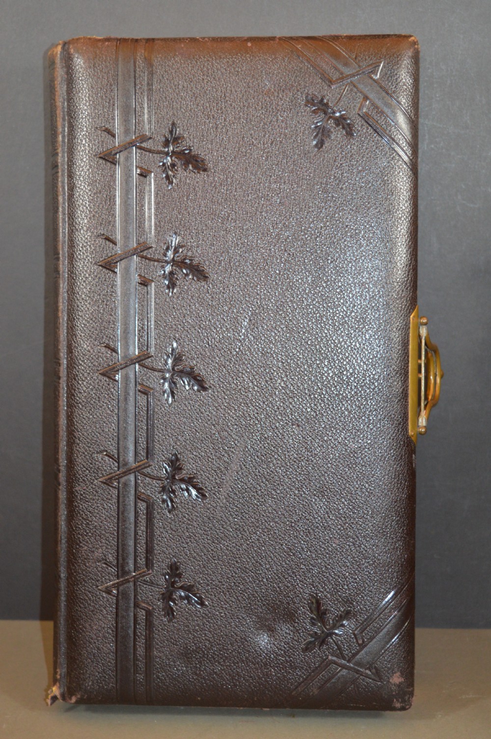 A dark brown Victorian leather photo album featuring embossed leaf motifs along the spine and a brass clasp on the edge.
