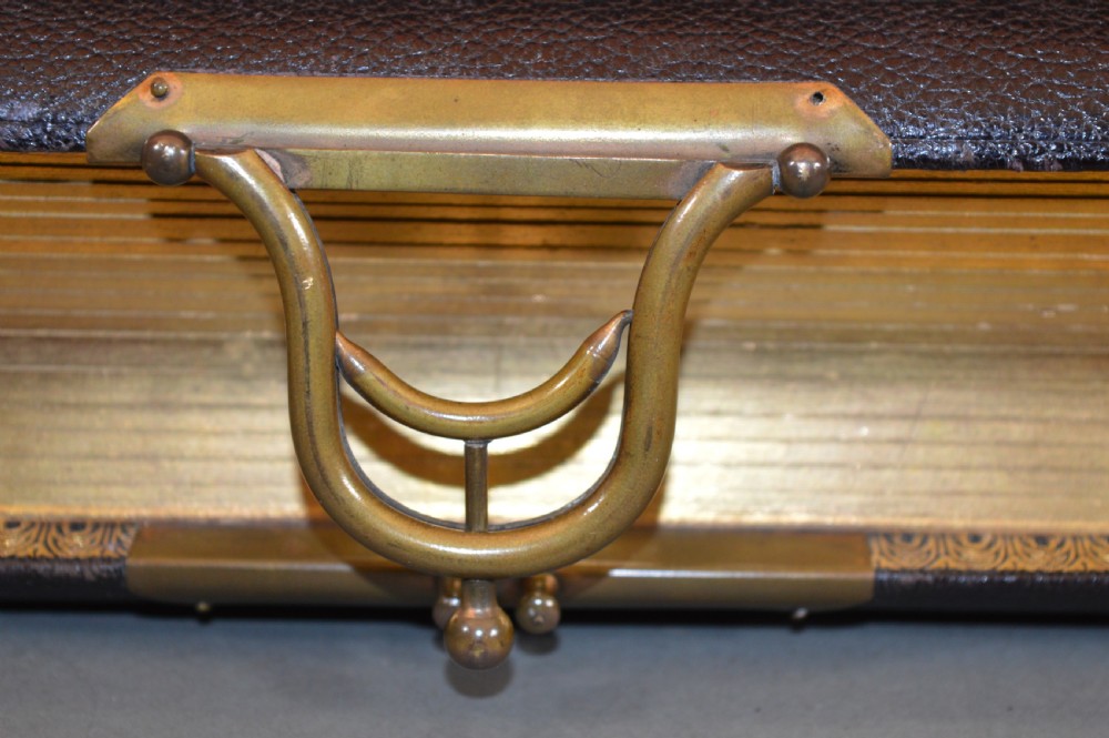 A dark brown Victorian leather photo album featuring embossed leaf motifs along the spine and a brass clasp on the edge. View VII