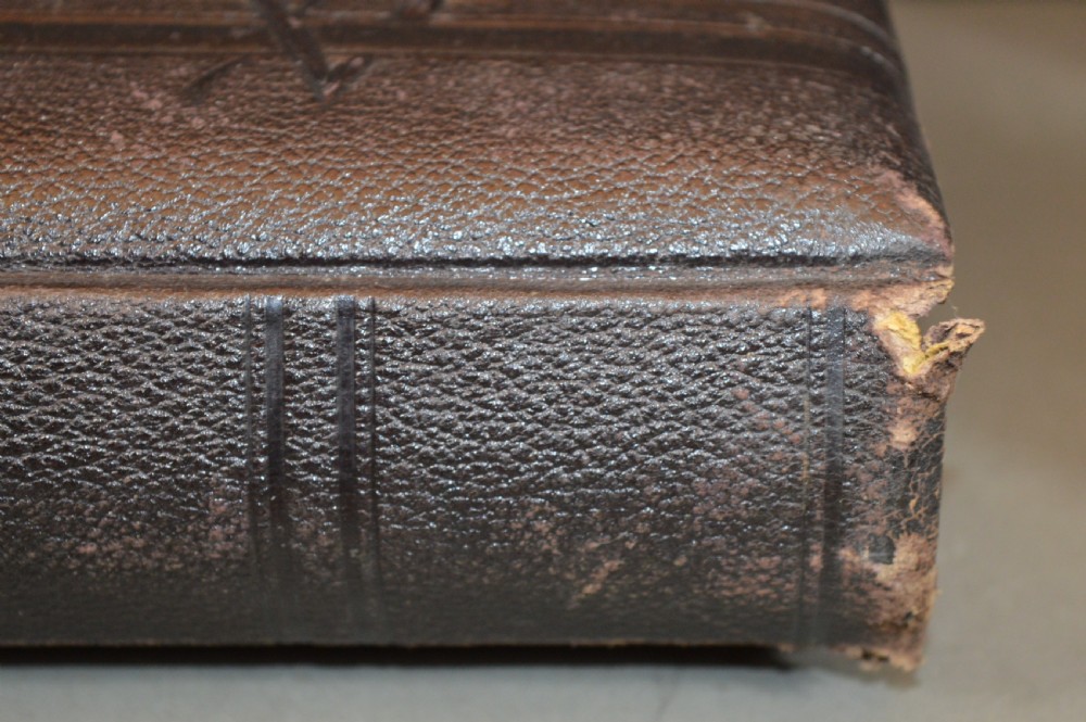 A dark brown Victorian leather photo album featuring embossed leaf motifs along the spine and a brass clasp on the edge. View X