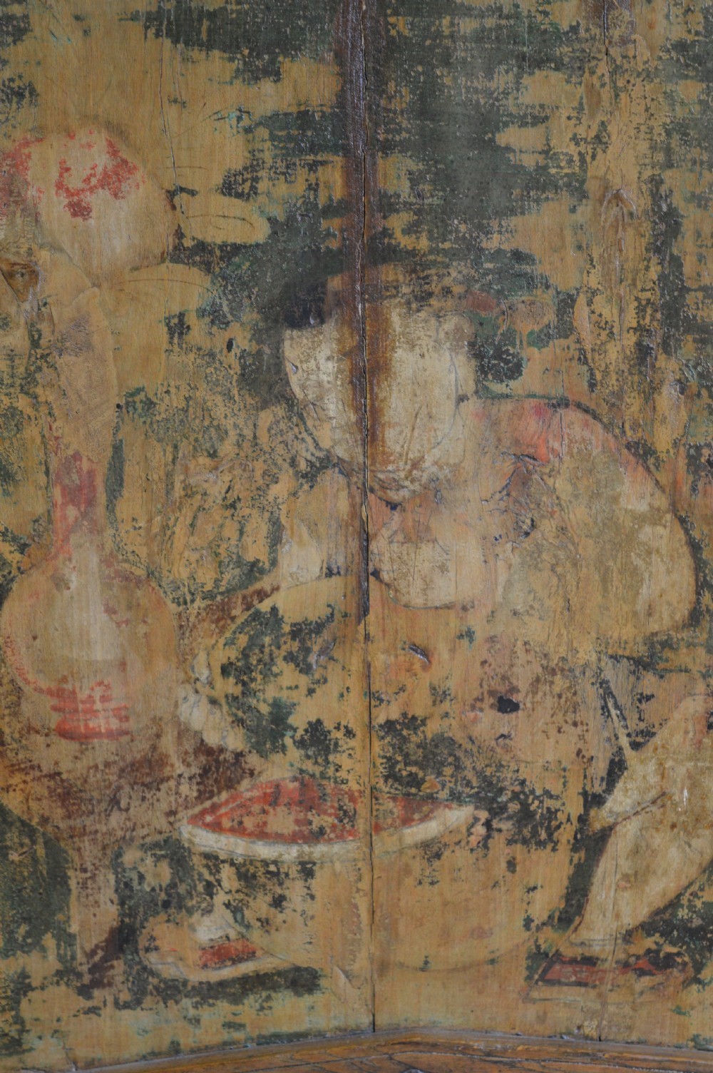 An arched antique Chinese wooden cart door featuring faded hand-painted figures, weathered green pigments, and iron studs. View XIII