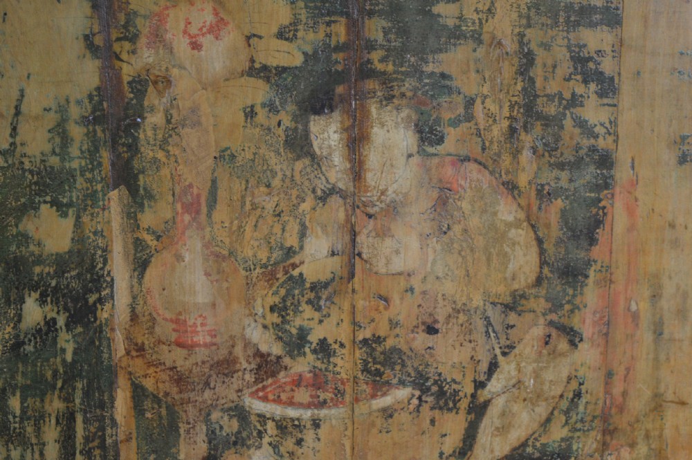 An arched antique Chinese wooden cart door featuring faded hand-painted figures, weathered green pigments, and iron studs. View XIV