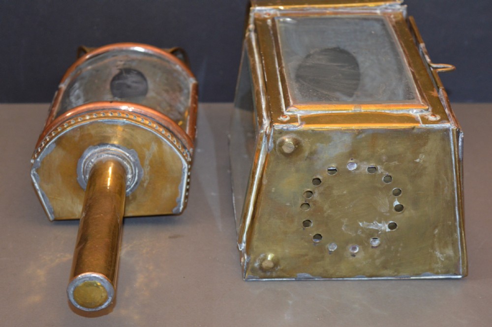 A pair of 19th-century GWR brass and copper railway carriage oil lamps featuring engraved oval GWR plaques. View VIII
