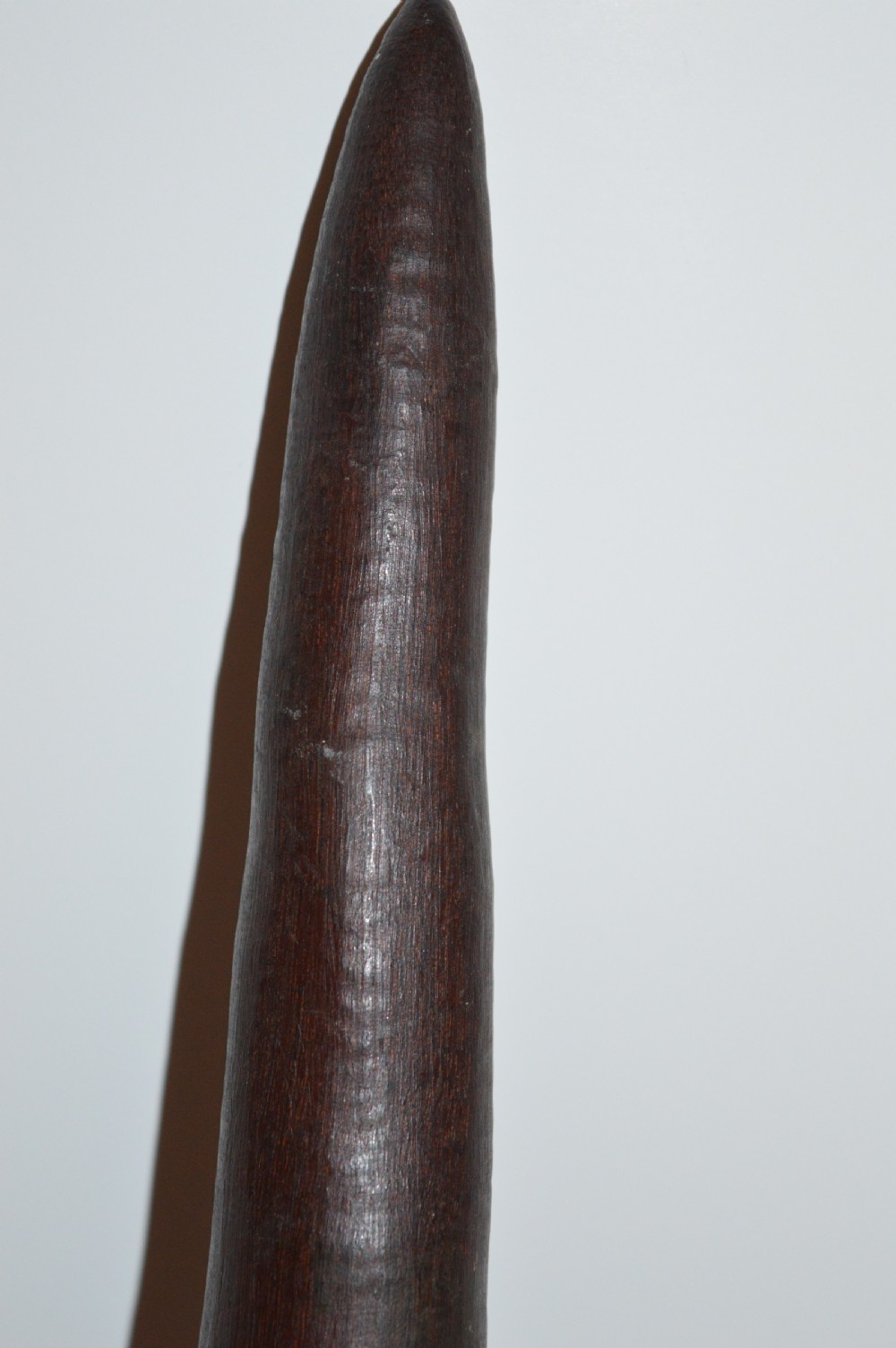 A hand-carved dark hardwood Aboriginal throwing club tapering at both ends with a smooth patinated surface. View III