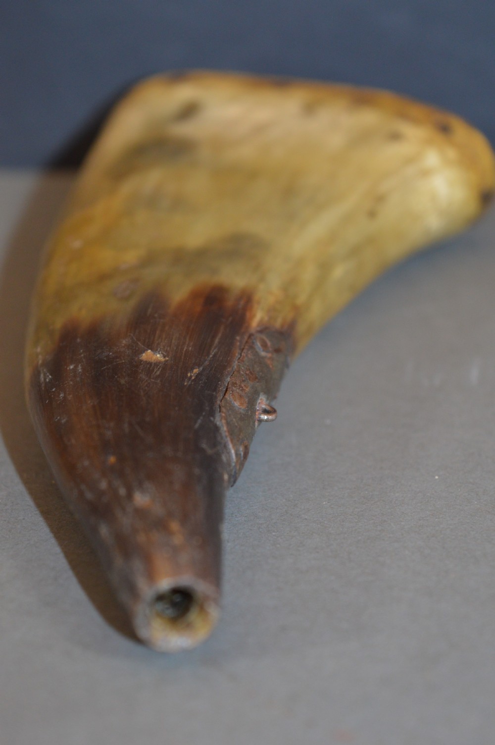 An 18th-century natural curved horn powder flask featuring a fitted wooden base plug pinned with iron tacks and a tapered spout. View VI