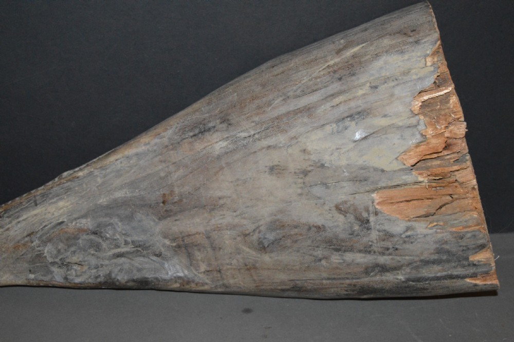 A carved wooden canoe prow shaped like a stylised crocodile head with weathered grey timber and incised geometric details around the eyes. View XVI