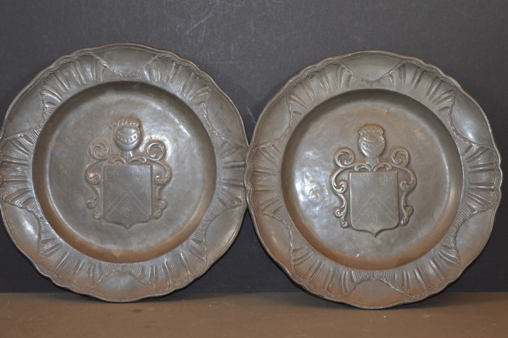 Pair Pewter Plates Armorial Decoration,c1850
